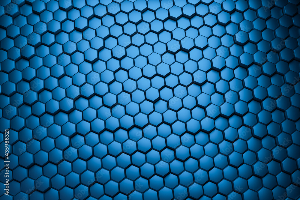 Abstract background, metal blue geometric hexagonal wallpaper. Honeycomb hexagonal 3d render