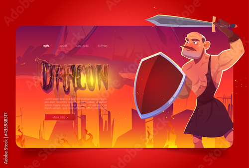 Dragon banner. Fairy tale fantasy flying beast sets fire to houses. Vector landing page with cartoon illustration of ancient warrior with sword and shield fights against dragon