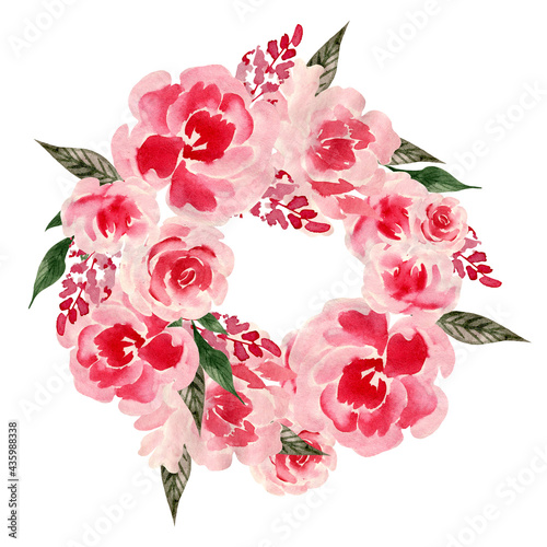 Watercolor wreath with roses and peony flowers. Illustration