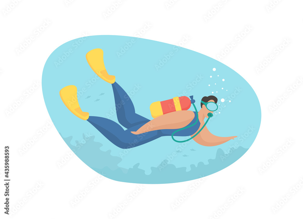 Tourist engaged in diving. Exciting underwater adventure with extreme diving. Man in mask with scuba diving admires deep sea landscape. Vacation tropical lagoon. Vector flat illustration isolated