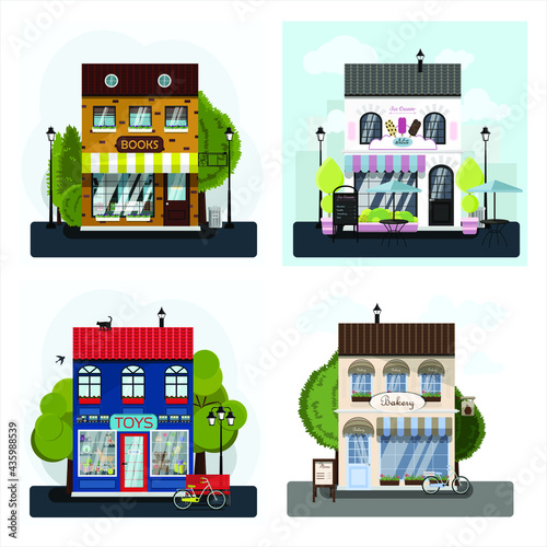 A set of vector stores, restaurants and cafes. Two-story bookstore, toy store, ice-cream cafe and bakery. Flat design of facades. Facade of an ice cream parlor with a summer outdoor terrace. Illustrat