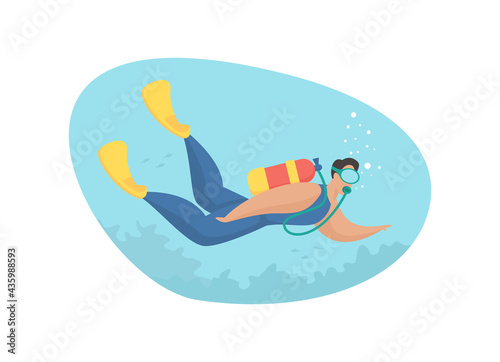 Tourist engaged in diving. Exciting underwater adventure with extreme diving. Man in mask with scuba diving admires deep sea landscape. Vacation tropical lagoon. Vector flat illustration isolated