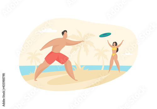 Beach frisbee. Guy throws green plastic disc to girl. Active play tropical sandy coast. Leisure in open sea with flabber guts. Travel and vacation sunny beach. Vector flat illustration isolated