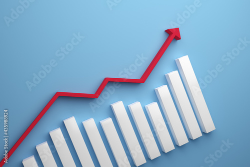 3d rendering business growing graph with red arrow on blue background. Creative business concept of progress and development.