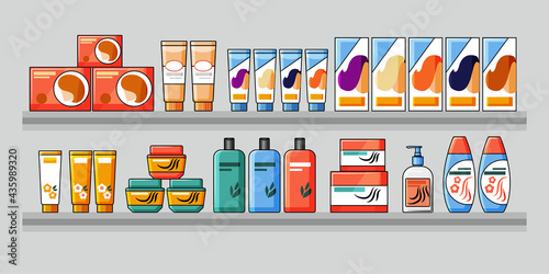 Shelves filled with hair and beauty products. Pharmacy aisle in the supermarket. Vector illustration. Vector illustration