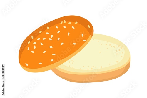 American Burger bun isolated on white background. Empty hamburger. Bakery product. Round bread with sesame seeds bakery food. Flat design for menu cafe, restaurant, poster, sticker. Burger ingredient