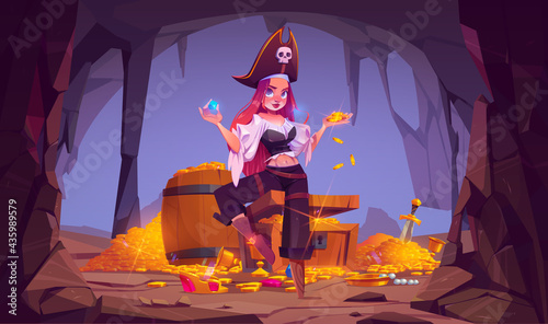 Pirate girl in treasure cave, young woman in filibuster costume and leg prosthesis hold golden coins and gems sitting on wooden chest in ancient fantasy magic tomb or mine, Cartoon vector illustration