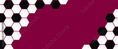 Soccer ball on purple background. Color of Qatar. Football net pattern. Flat vector wk, ek banner. Sports game cup. Honeycomb cells hexagon pattern.