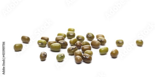 Green mungo beans  Vigna radiata  isolated on white background  top view