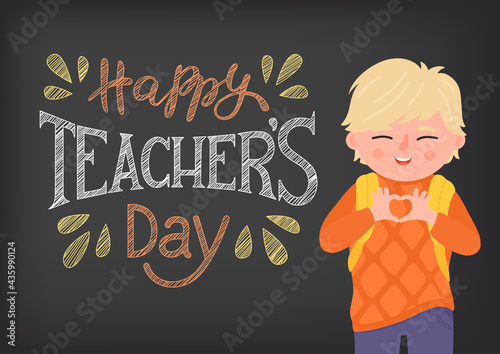 Happy Teacher's Day. School child in uniform with backpack making heart shape on blackbord background with hand lettering.