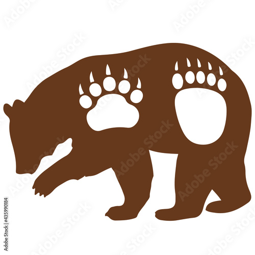 The contour image of a brown bear on a white background with the placement of traces of front and hind paws with white claws on the predator's body