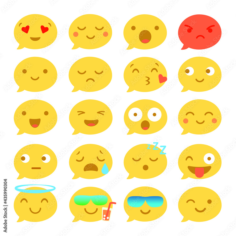 Vector set isolated on a white background of faces with different emotions. Large collection, big set of flat icons. Round cartoon faces for chat, hand-drawn, trendy. Dialogue bubble, cute dialog box. Vector set isolated on a white background of faces with different emotions. Large collection, big set of flat icons. Round cartoon faces for chat, hand-drawn, trendy. Dialogue bubble, cute dialog box.