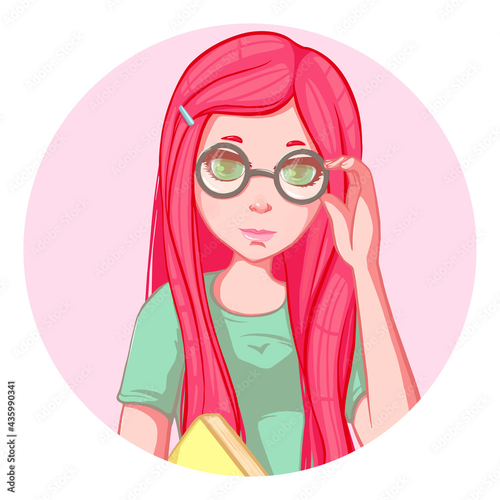 Red-haired girl with book. Illustration. Art creation. Circle web icon Red-haired girl with book. Illustration. Art creation. Circle web icon