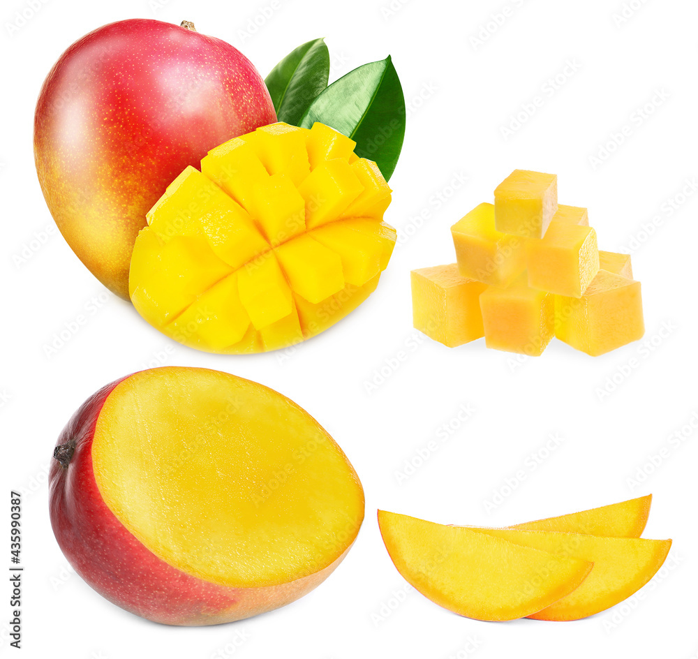 Set with delicious ripe mangos on white background Set with delicious ripe mangos on white background