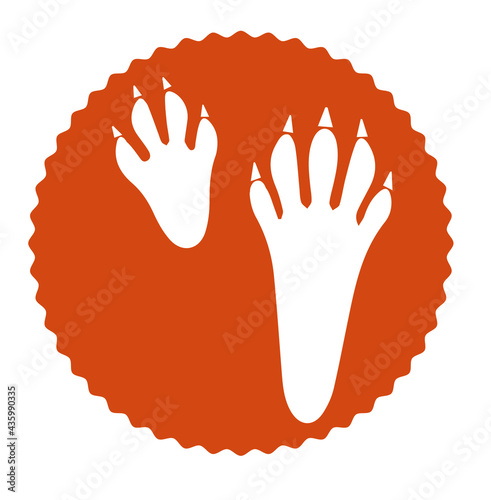 The contour image of the paw prints of a white squirrel on an orange background in the form of a circle with a wavy frame