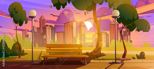 City park with bench sunset cityscape summer or spring scenery landscape, empty public place for walking and recreation with green trees and lawn. Urban garden with pathway Cartoon vector illustration
