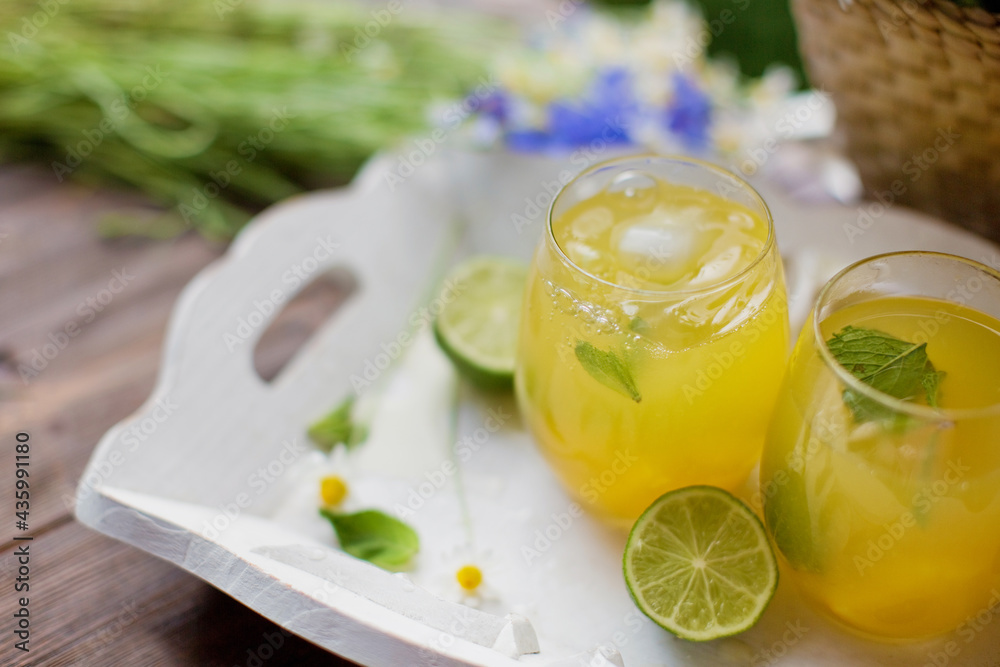 Glasses with lemonade and mint summer Glasses with lemonade and mint summer