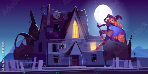 Beautiful witch flying on broom near haunted house, redhead woman in spooky hat night flight Halloween scene. Sexy girl in magician costume on full moon creepy background, Cartoon vector illustration
