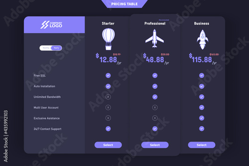 Modern pricing table design with 3 subscription plans. flat infographic pricing table design template for website or presentation