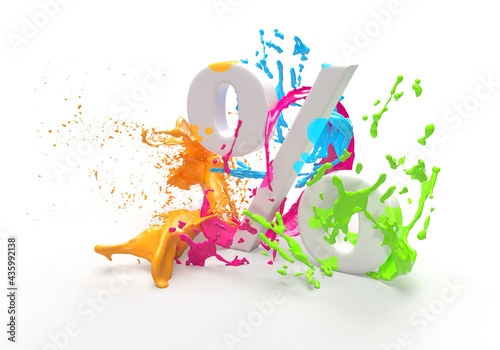 Painted percentages and percent in splash of colorful paint on a white background.