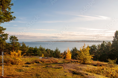 beautiful landscape overlooking the lake with a low mountain