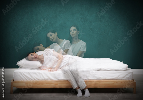 Photography Somnambulist rising from bed near green wall indoors, multiple exposure