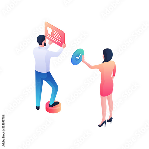 Placing and buying goods online isometric illustration. Male character is posting red clothing advertisement. Woman presses blue purchase check mark. Web business and marketing vector concept.