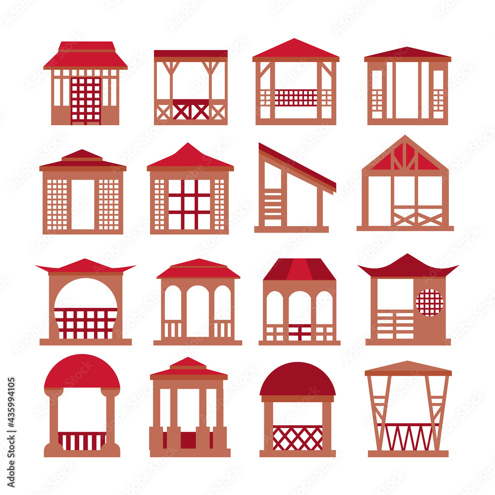 Set of cute vector icons of gazebos, pergolas, rotundas in a flat style. Colored brown red icons of Japanese and Chinese gazebos. Asian style in garden architecture. For construction, landscape design