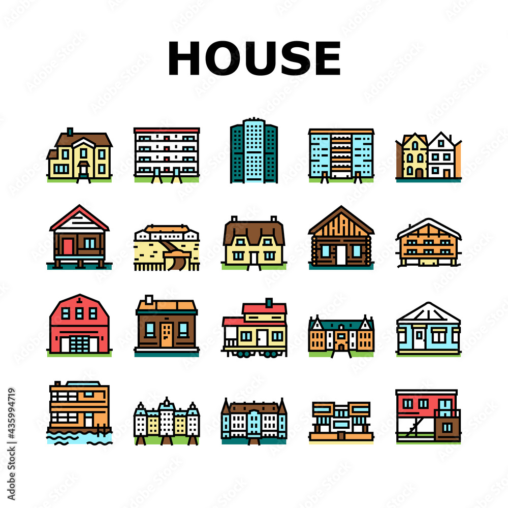 House Constructions Collection Icons Set Vector. Townhome House And Mobile Home, Villa And Palace Building, Apartment And Residence Concept Linear Pictograms. Contour Color Illustrations