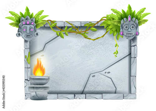 Vector game stone sign board, cracked cartoon jungle rock panel, tiki mask, maya totem face, fire, liana. Ancient Aztec granite wall ruin, UI nature design frame element. Stone rectangle sign tablet