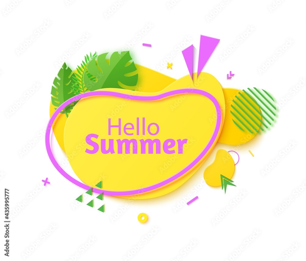 Hello Summer banner in paper cut style. Yellow color gradient abstract layers cut out from cardboard. Memphis art label and summer season tropical leaves and geometric shapes, vector card illustration