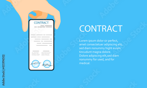 Electronic contract or digital signature concept in vector illustration. Online e-contract document sign via desktop PC. Website or webpage layout template.