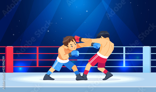 Professional Boxing among boys on ring. Teen boxing, kickboxing children on arena. Kids fight with these adult emotions. Concept of sports and healthy lifestyle. Cartoon vector illustration