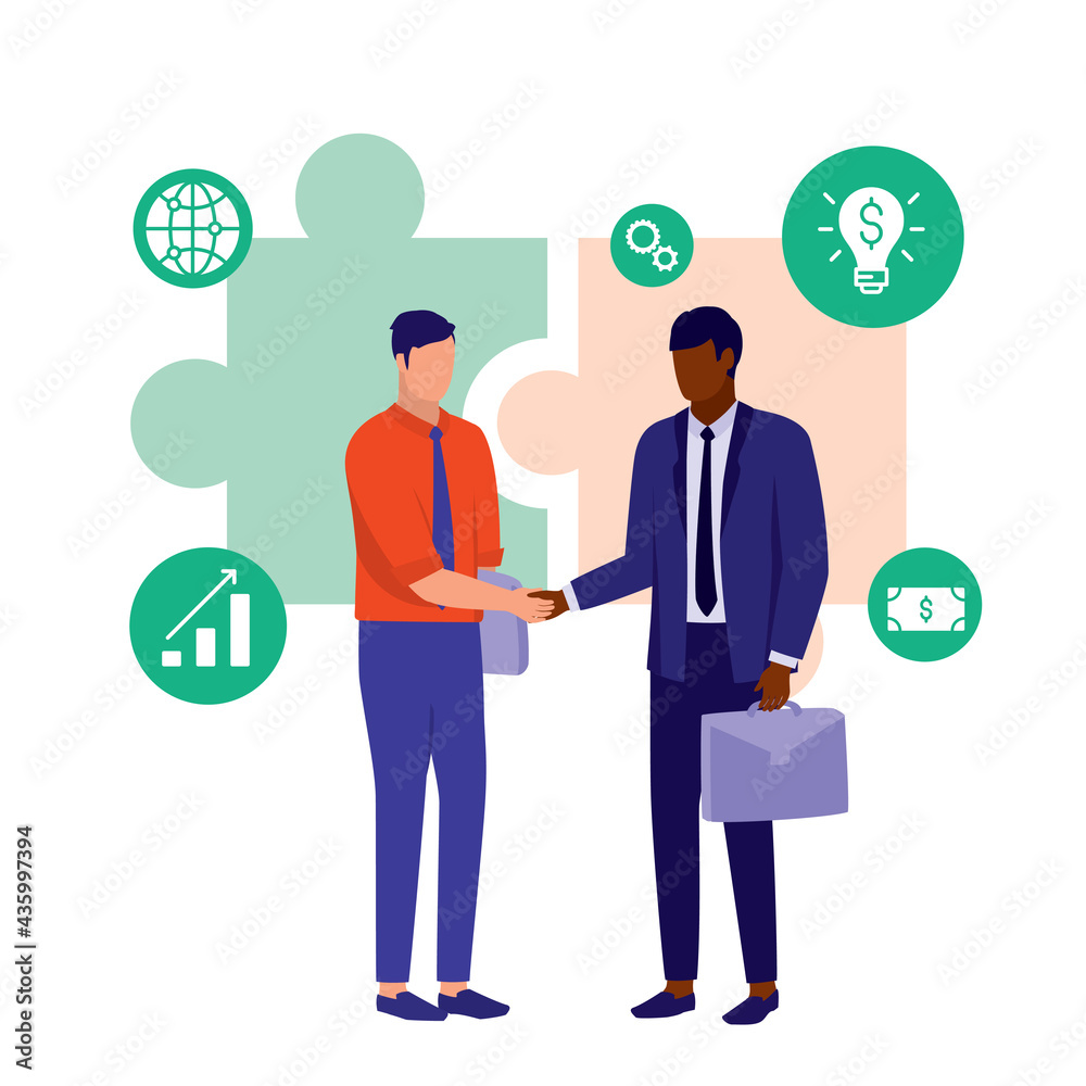 Two Businessmen Of Different Ethnicities Handshaking. Business Diversity Concept. Vector Illustration Flat Cartoon. Mixed Race Business Partner. Two Businessmen Of Different Ethnicities Handshaking. Business Diversity Concept. Vector Illustration Flat Cartoon. Mixed Race Business Partner.
