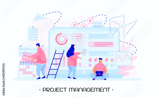 Team working using a project management approach. Girl analyze graph and chart to save company money and increase income. Agile project management, Kanban and Scrum. Flat people vector illustration.