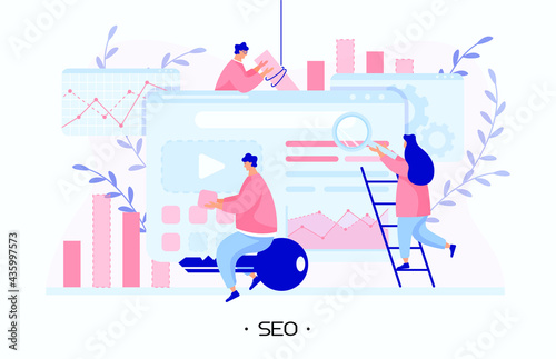 The team promotes website uses SEO technology and analyzing information from the internet. A man enters keywords and writing content for the website. Girl searching for mistakes on the website. Modern