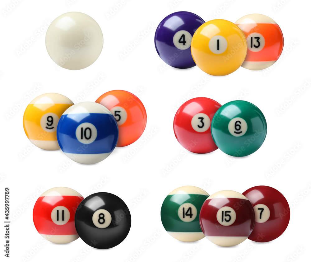 Set with billiard balls on white background Set with billiard balls on white background