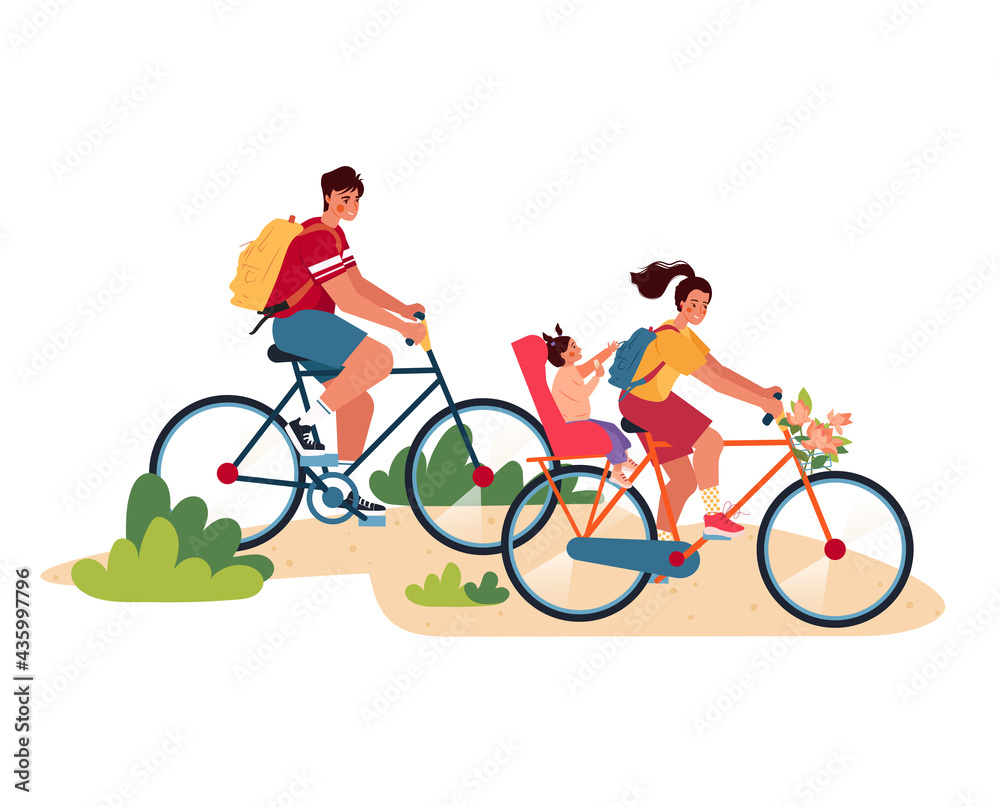 Happy couple with baby go cycling and resting outdoors colored flat cartoon vector illustration. People relaxing in nature on adventure holidays. Summer family travelings isolated on white background. Happy couple with baby go cycling and resting outdoors colored flat cartoon vector illustration. People relaxing in nature on adventure holidays. Summer family travelings isolated on white background.