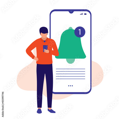 Man Receiving Notifications Bell Alert. Notification Concept. Vector Illustration Flat Cartoon. Man Checking On His Mobile Phone.
