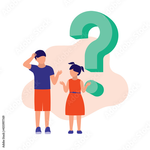 Children With Question Mark. Uncertainty Concept. Vector Flat Cartoon Illustration. Boy And Girl In Curiosity.