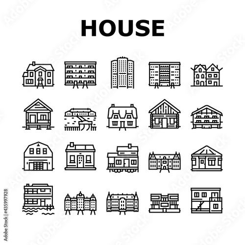 House Constructions Collection Icons Set Vector. Townhome House And Mobile Home, Villa And Palace Building, Apartment And Residence Black Contour Illustrations