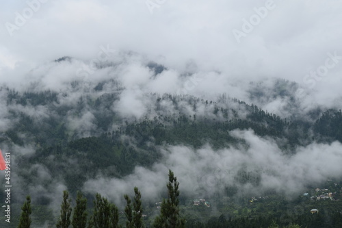 A picture of the scenic beauty of Manali and its route to Rohtang pass, which has a breathtaking view of Himalayan mountains and valleys covered with lush green forests and clouds and fog.