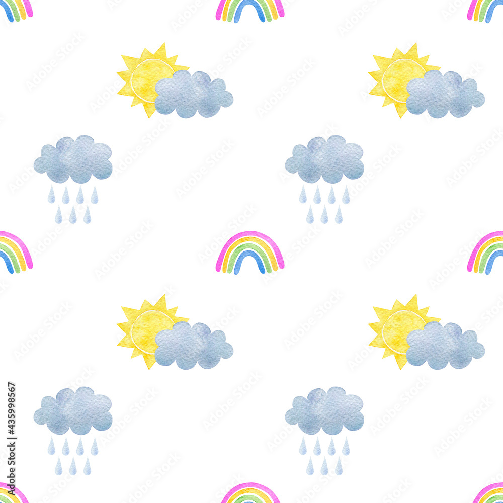 Cute seamless pattern with the weather elements: sun, clouds, raindrops, rainbow isolated on a white background. Hand-drawn watercolor illustration. Kids wallpaper and fabric design