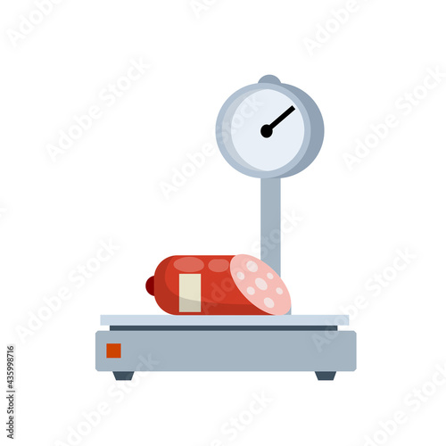Sausage on scale. Shopping in a grocery store. Weighing of meat products. Decoration for the store and counter. Flat cartoon illustration