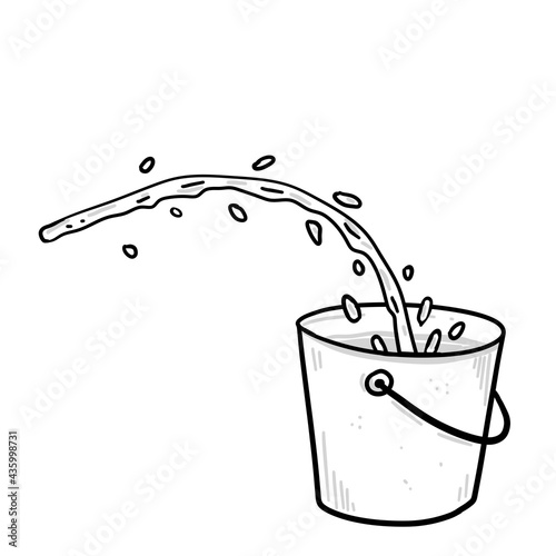 Water pours into the bucket. Jet of liquid falls into a bucket with splashes and drops. Sketch cartoon illustration