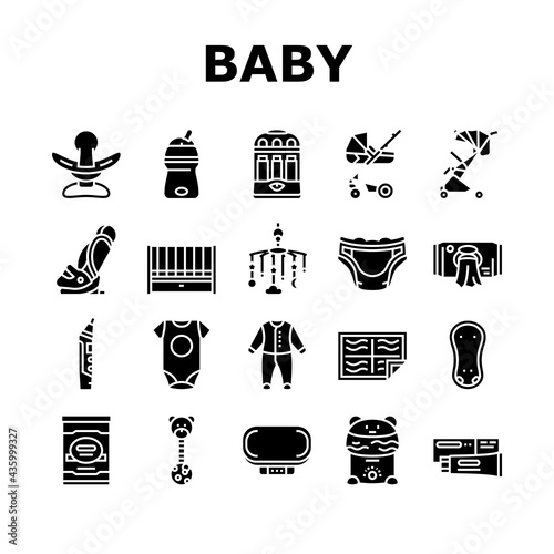 Baby Shop Selling Tool Collection Icons Set Vector. Baby Diaper And Sterilizer Bottles Device, Newborn Educational Toy And Carousel Per Crib. Glyph Pictograms Black Illustrations