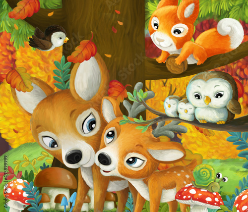 cartoon scene with different forest animals friends having fun in the forest illustration