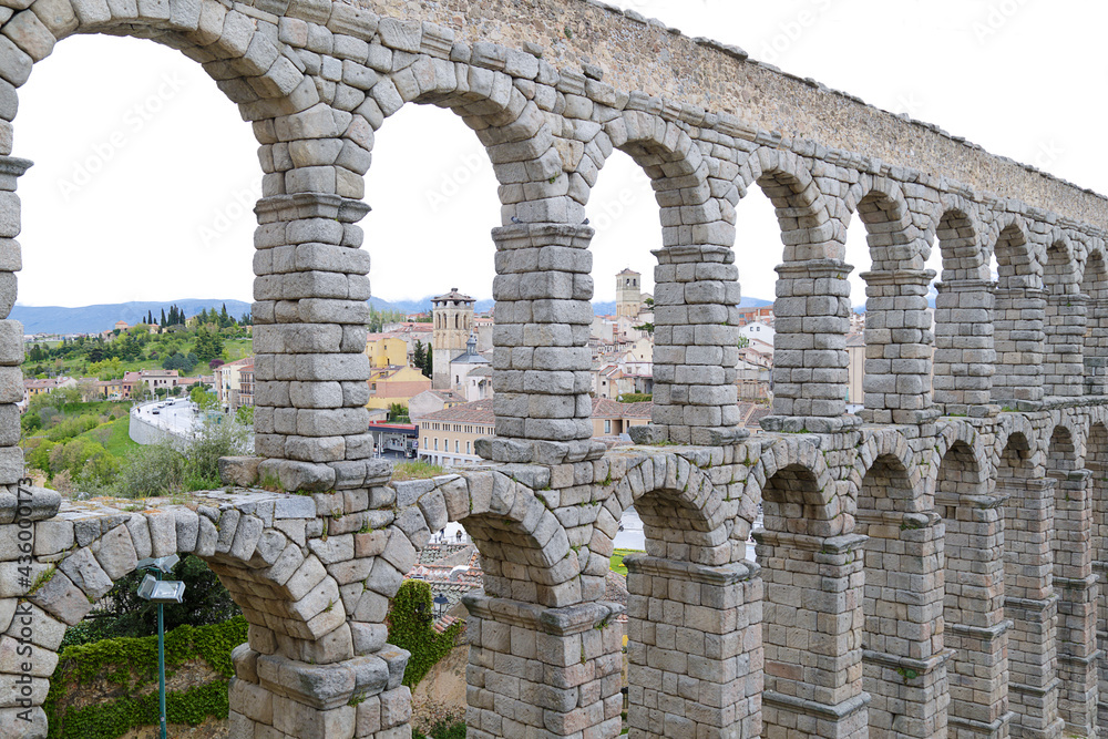 Panoramic view of the Roman Aqueduct in Segovia, Spain