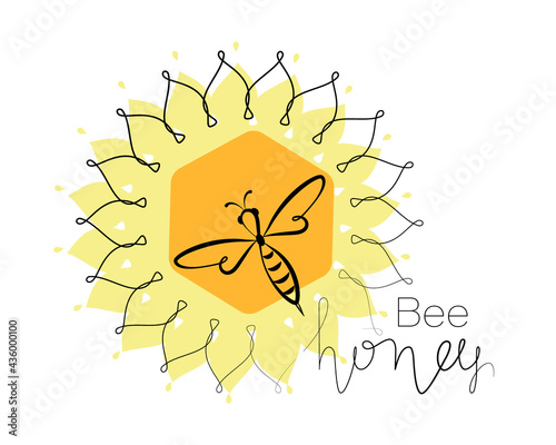 Honey bee. Linear sunflower. Honeycomb. Concepts logo, emblem. Bee icon. Honey flying bee. Insect. 