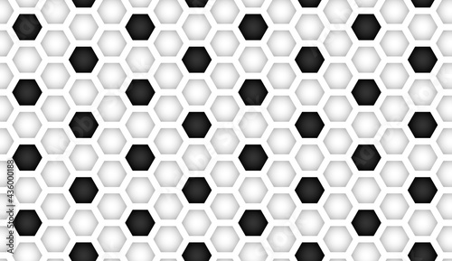 Gradient piece ball seamless pattern for sports games football or soccer. Black and white geometric background made of repeating pentagons. Vector